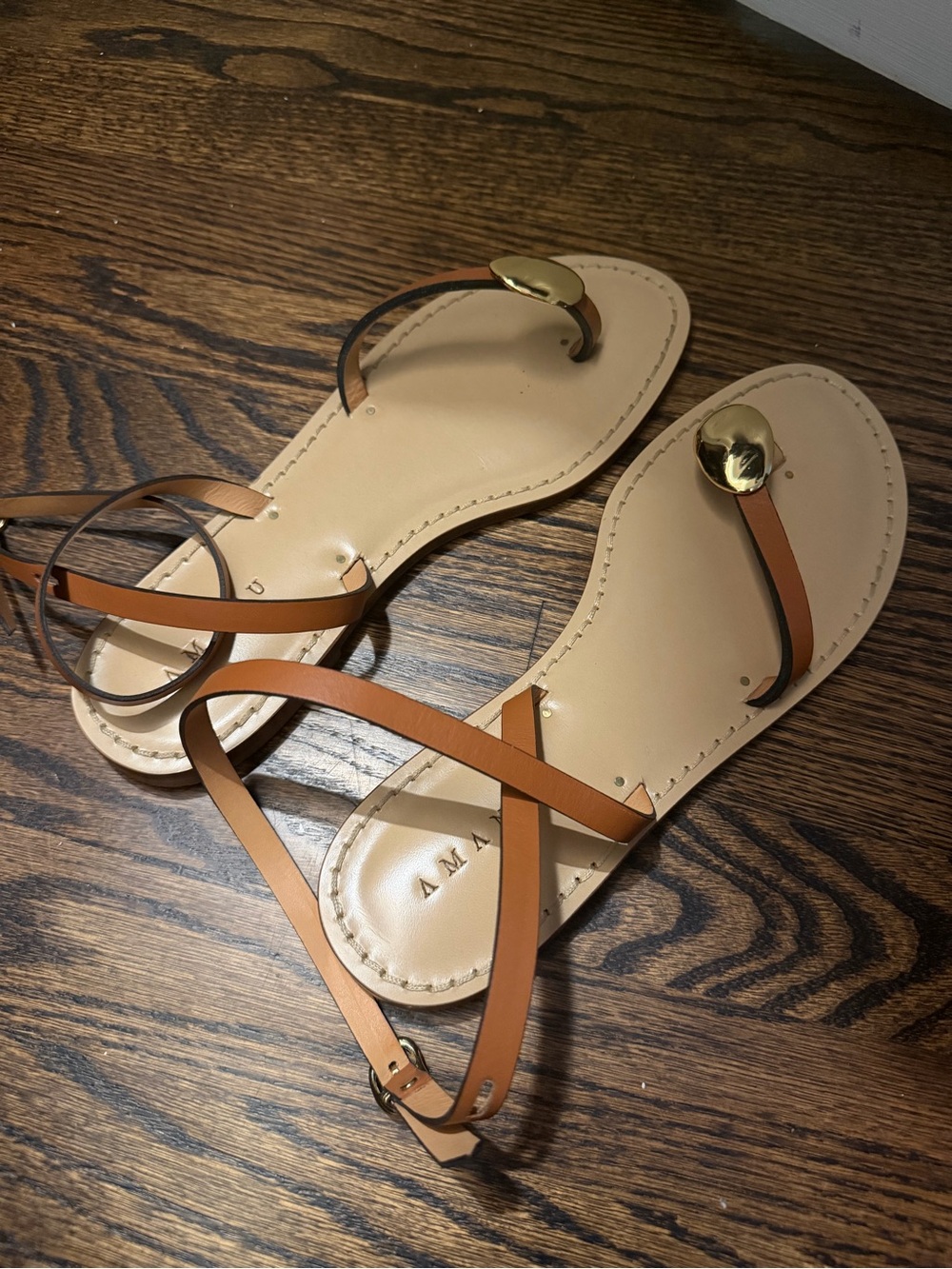 Amanu Women's Tan Leather Strappy Sandals with Gold Accent